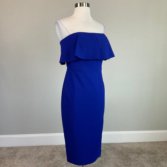 Aidan Mattox Strapless Cocktail Dress Size 8 Blue Colorful Ruffled Midi Sheath - Picture 2 of 11